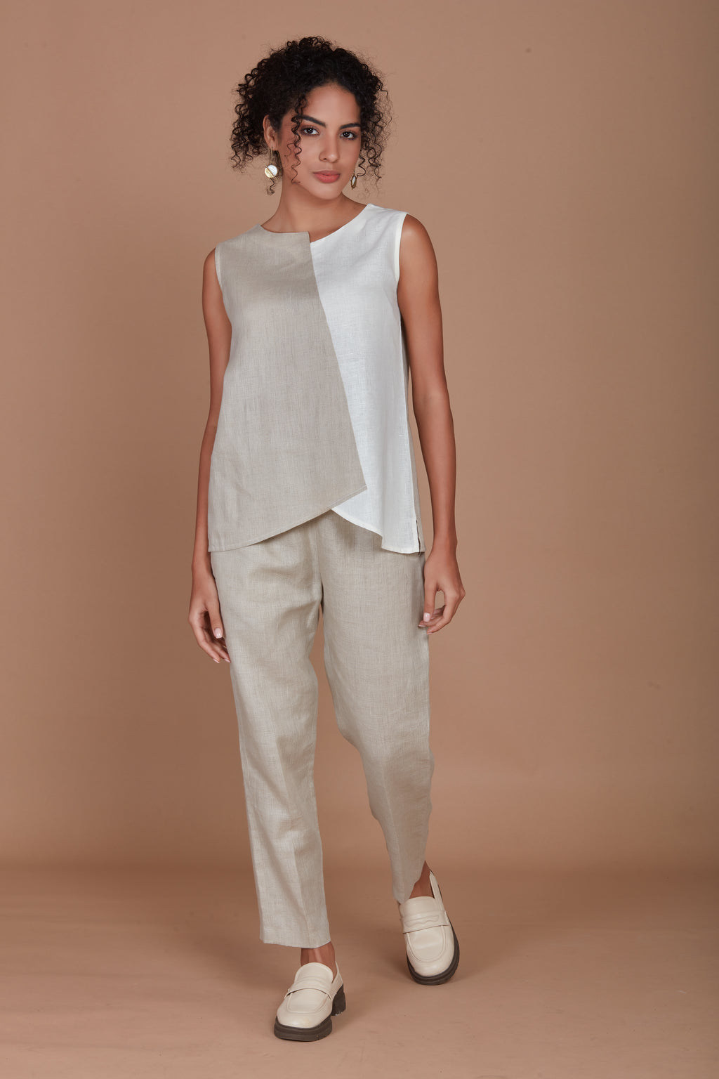 Colour Blocked Linen TOP - WHITE - NATURAL