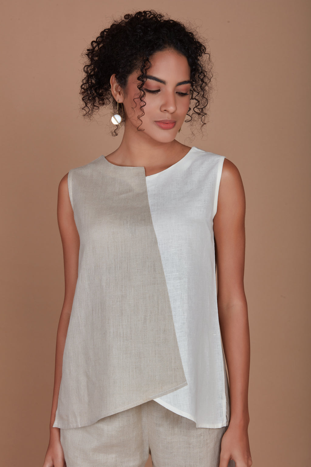 Colour Blocked Linen TOP - WHITE - NATURAL