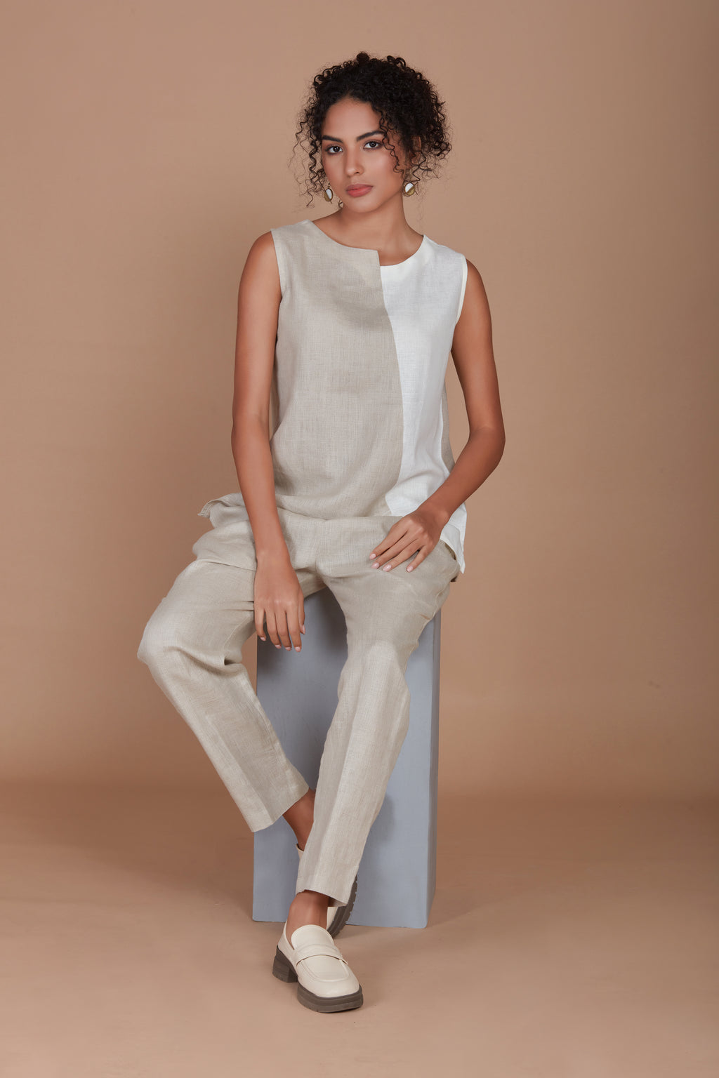 Colour Blocked Linen TOP - WHITE - NATURAL