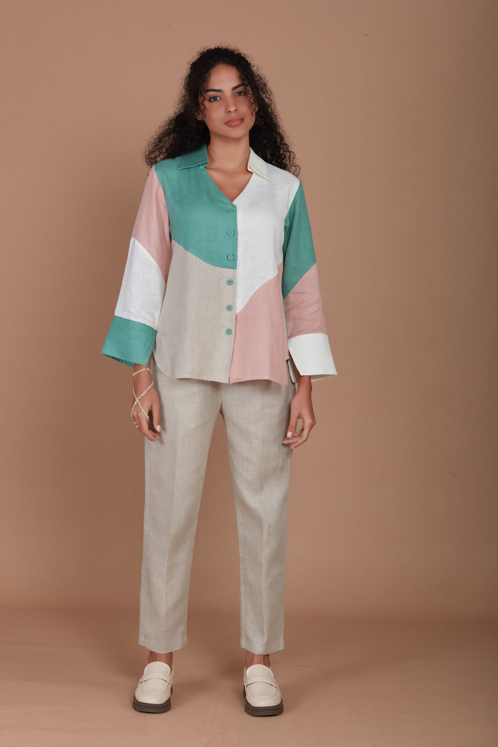 Colour-blocked linen shirt
