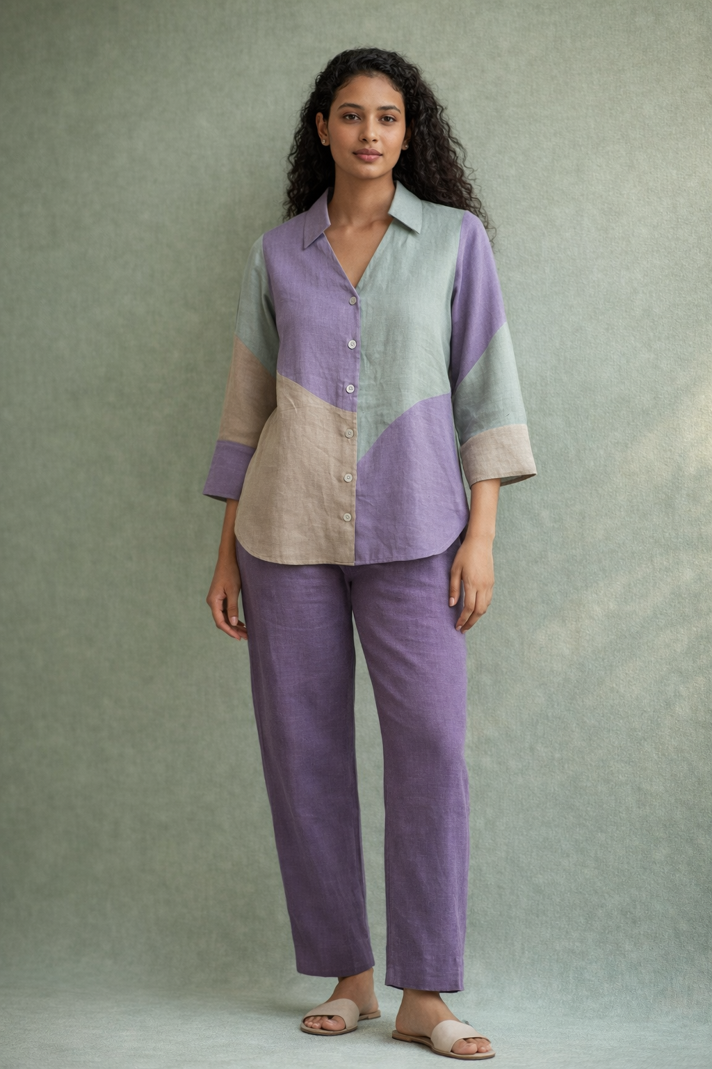 Colour-blocked linen set