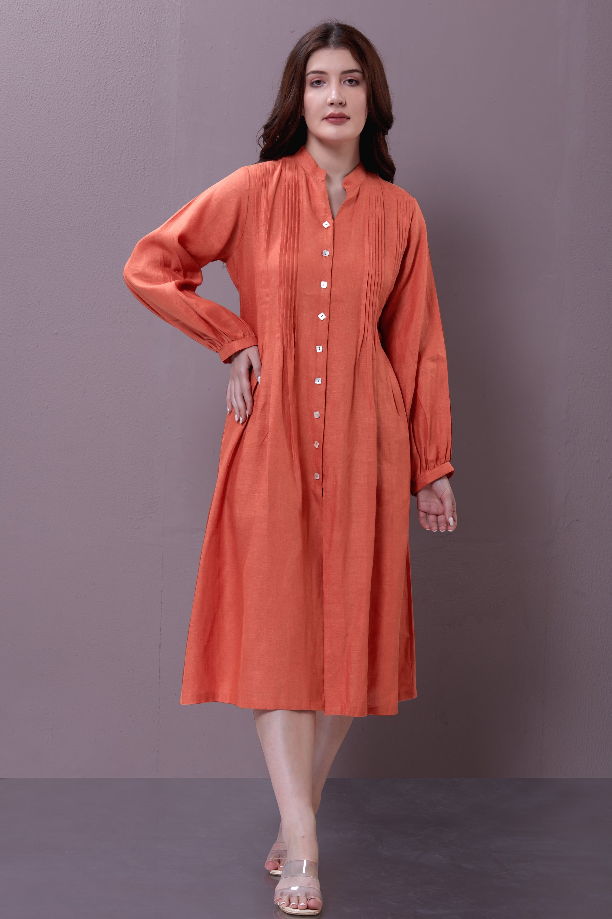 ORANGE PLEATED LINEN DRESS