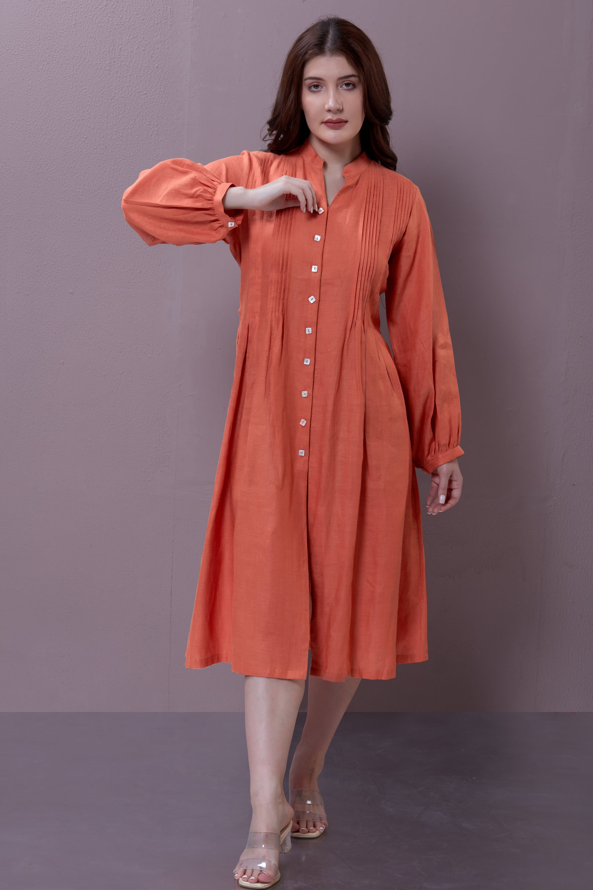 ORANGE PLEATED LINEN DRESS