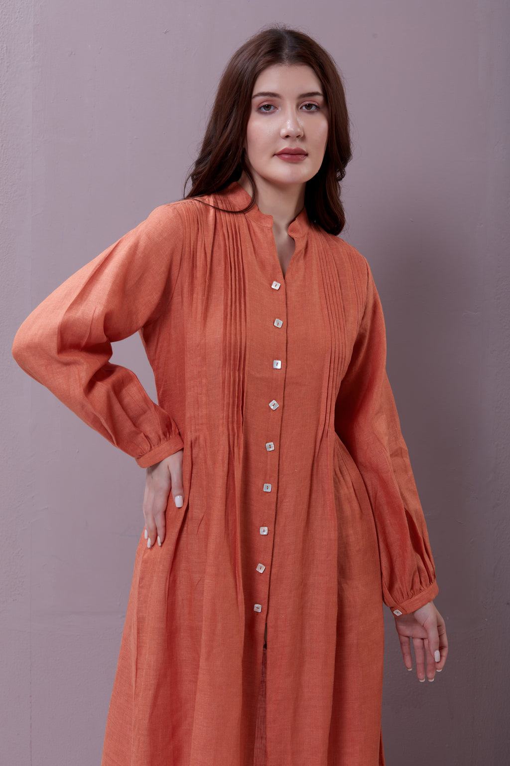 ORANGE PLEATED LINEN DRESS