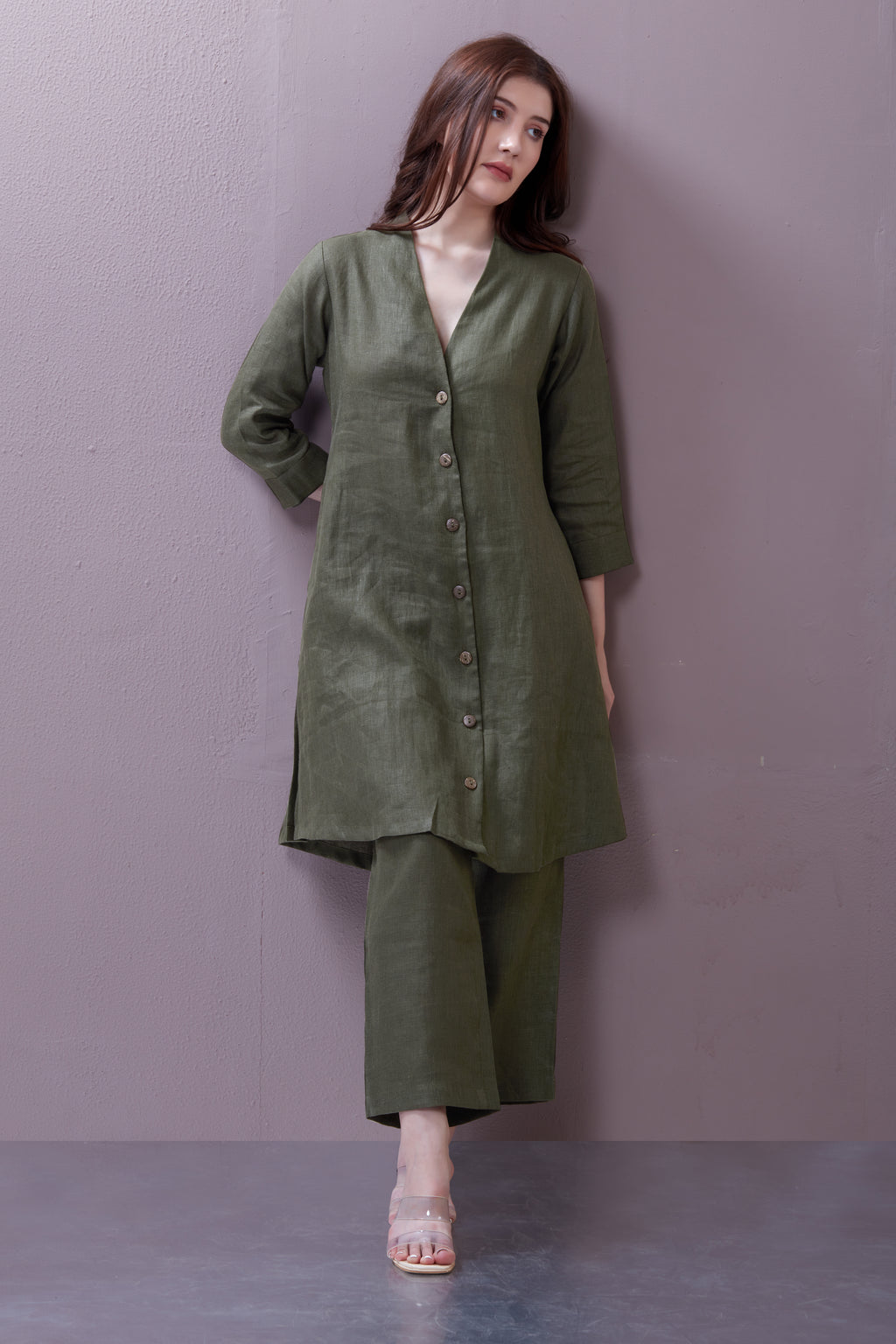 Olive green high neck linen tunic